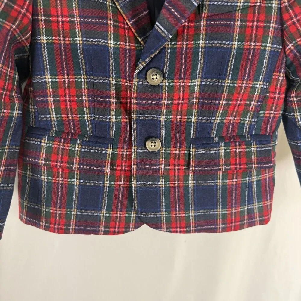 New Janie and Jack Blazer Boys 3 Red Tartan Plaid Button Up Long Sleeve Collared