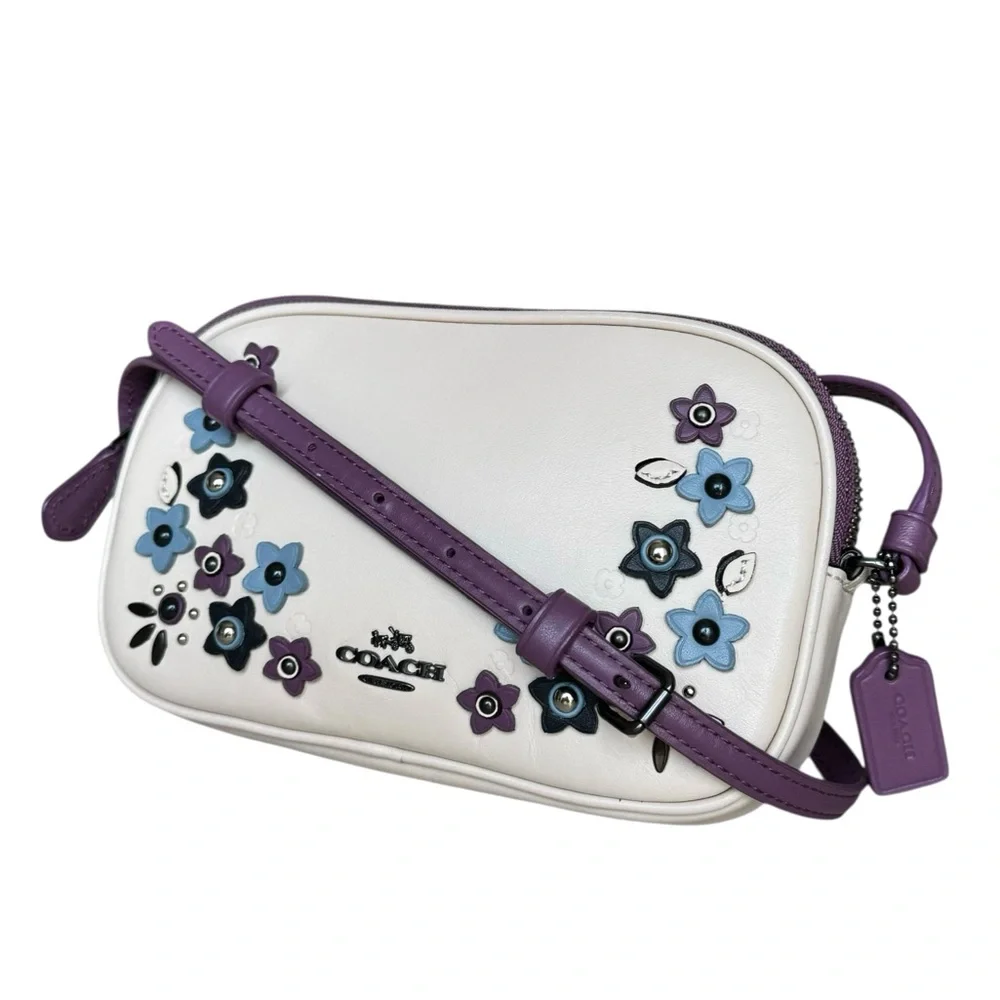 Coach Floral Appliqué Crossbody Bag Off White Purple Leather