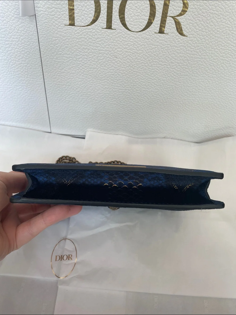 Kurt Geiger Navy Blue Python-Effect Chain Clutch Crossbody Bag Gold Shoreditch