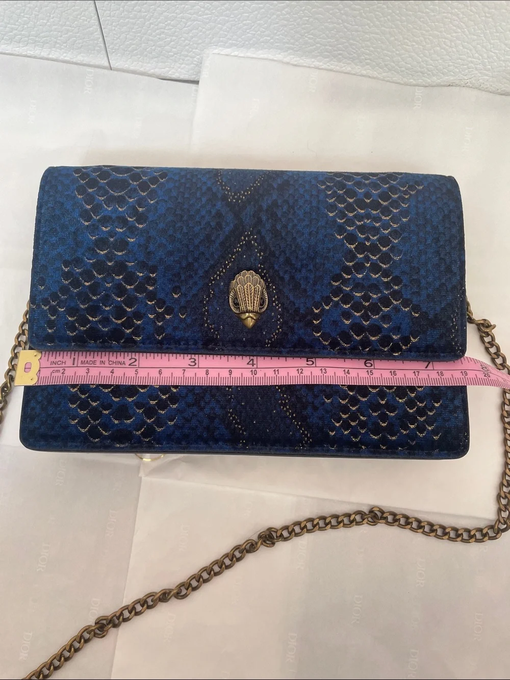 Kurt Geiger Navy Blue Python-Effect Chain Clutch Crossbody Bag Gold Shoreditch