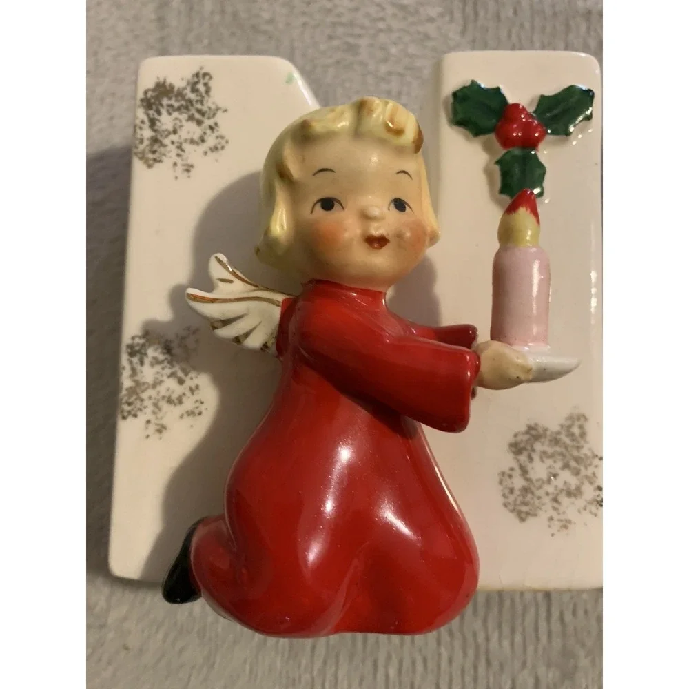 4 Napco NOEL Christmas Angel Candle Holder Wall Pocket Figurines 1956 Japan VTG