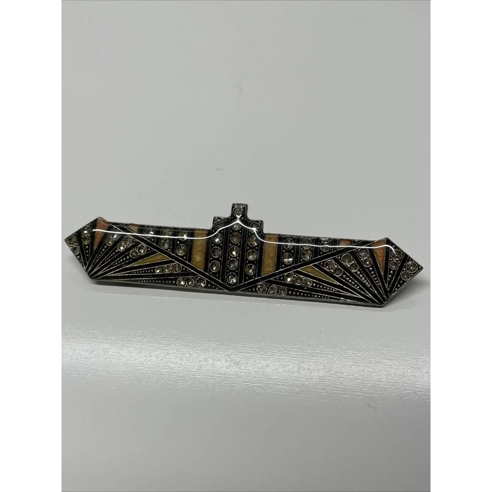 Vtg PIERRE BEX? Style JEWELRY ART DECO Ocean Liner ENAMEL BROOCH Pin Rhinestones