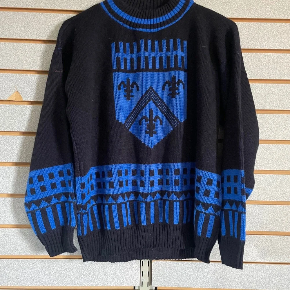 Vintage Brunny Black Blue Crest‎ Shield Knit Sweater Mens XL 80's