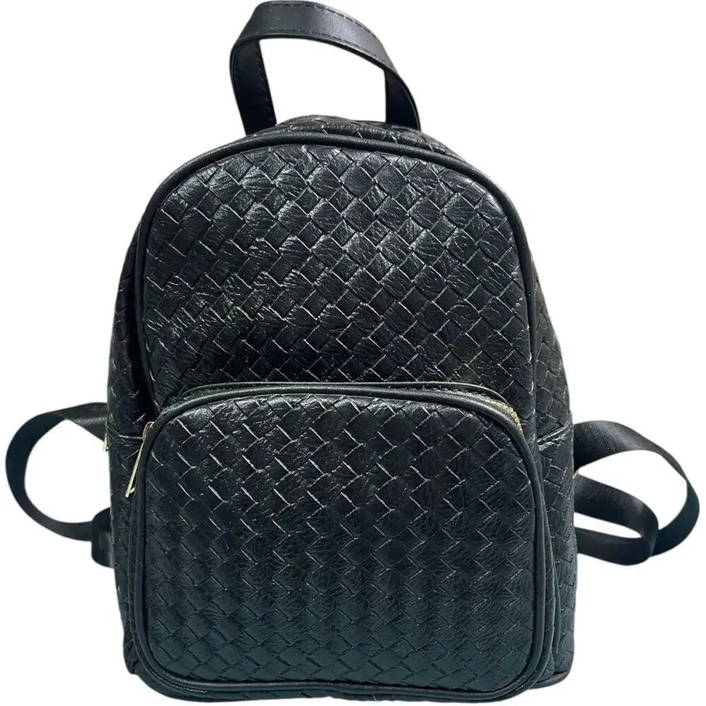 Black Woven Leather Quilted Mini Backpack