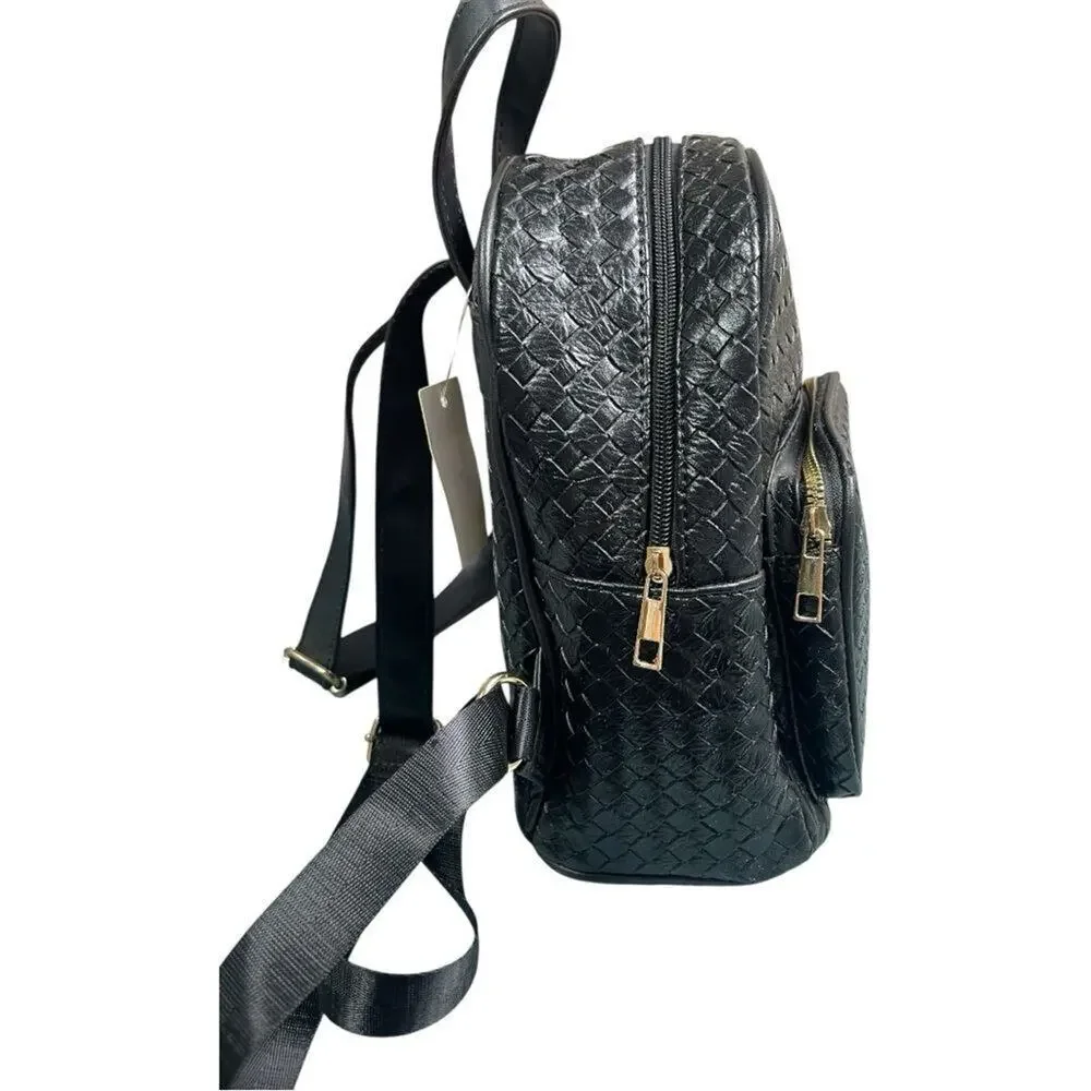 Black Woven Leather Quilted Mini Backpack