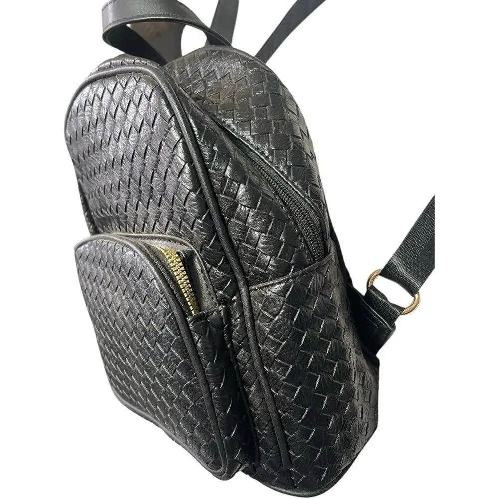 Black Woven Leather Quilted Mini Backpack