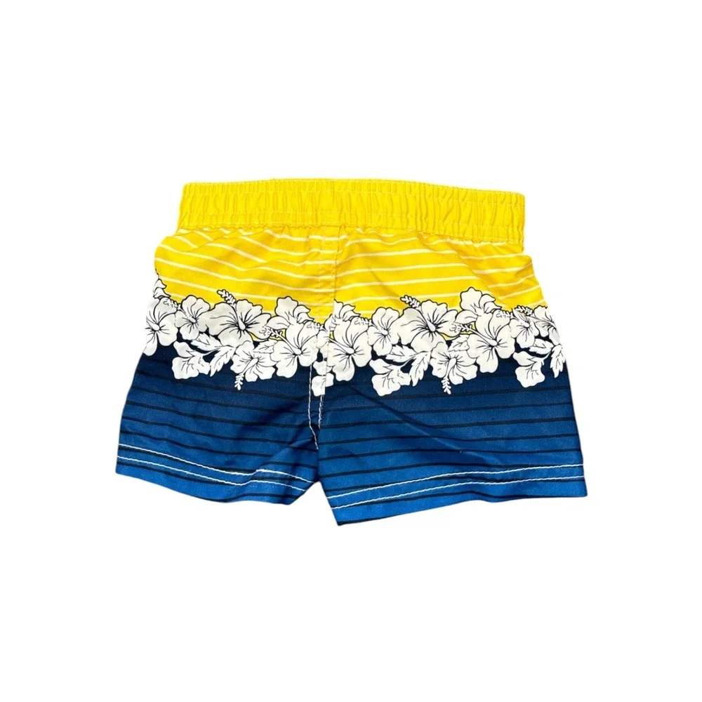 Koala Kids Newborn Swim Trunks Yellow Blue Striped Hibiscus Floral Mesh Lined