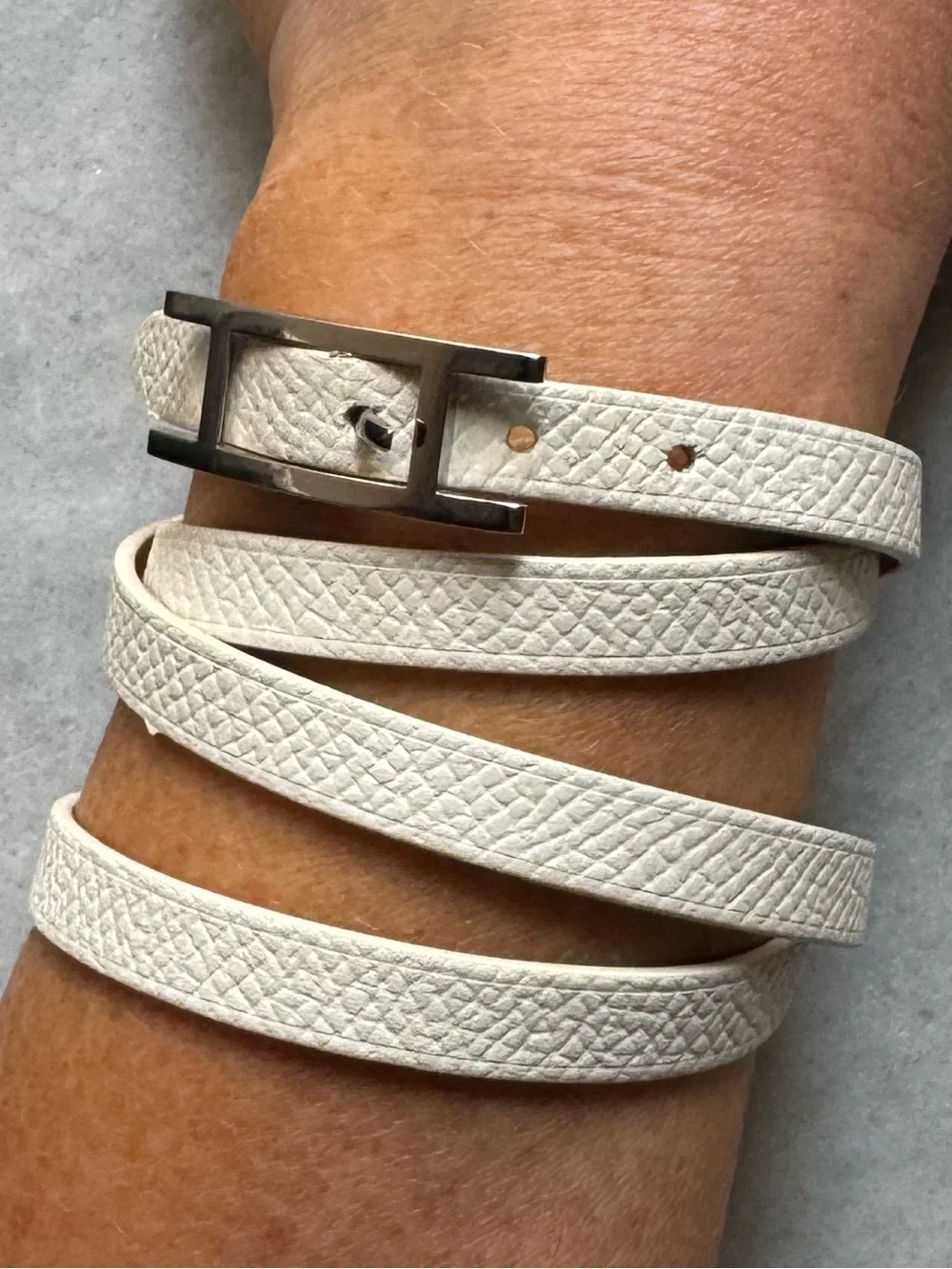 Hermes White Leather Double Tour Bracelet with Silver Buckle