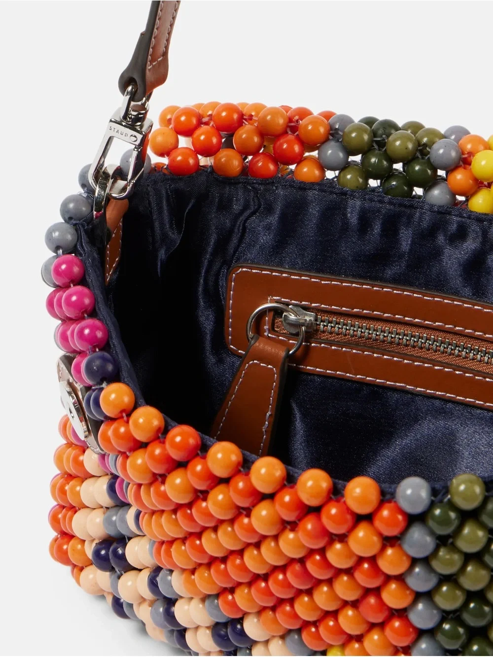 STAUD Timmy Multicolor Beaded Shoulder Bag in Orange, Pink, Yellow, Green, Navy