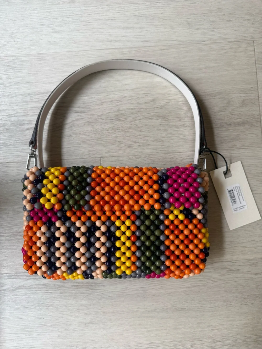 STAUD Timmy Multicolor Beaded Shoulder Bag in Orange, Pink, Yellow, Green, Navy
