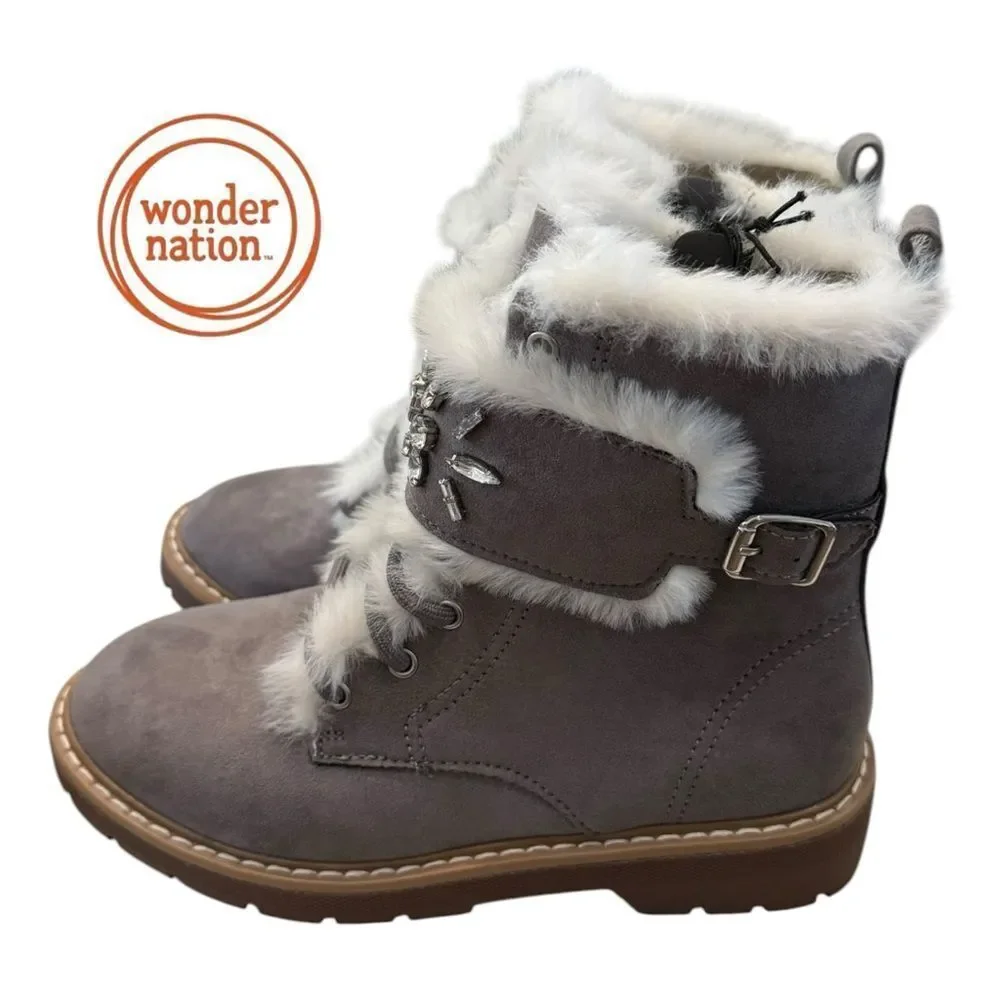 New Wonder Nation Gray Suede Boots White Fur Trim 2