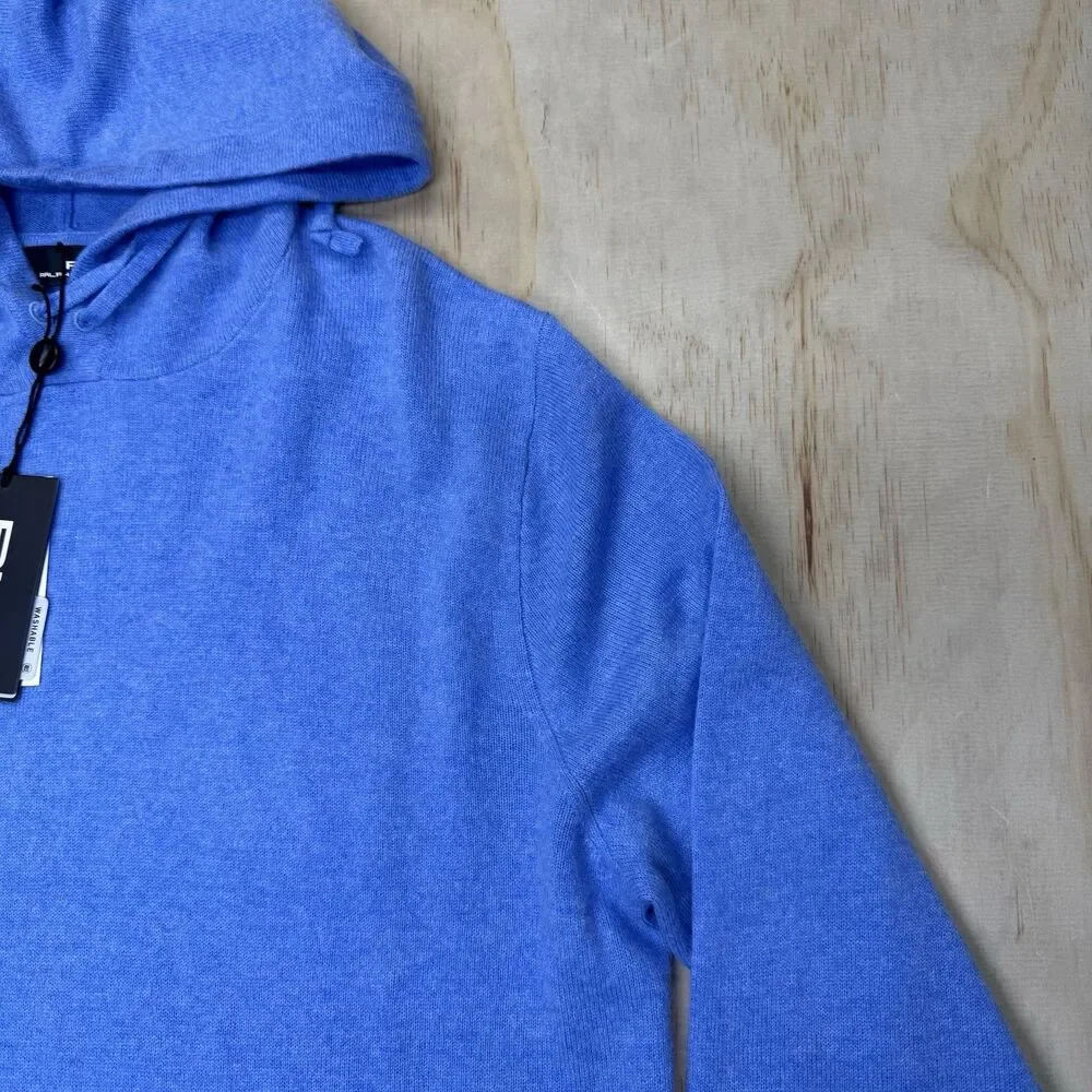 NEW RLX Ralph Lauren Golf 10/15 Washable Cashmere Hooded Sweater Blue SM