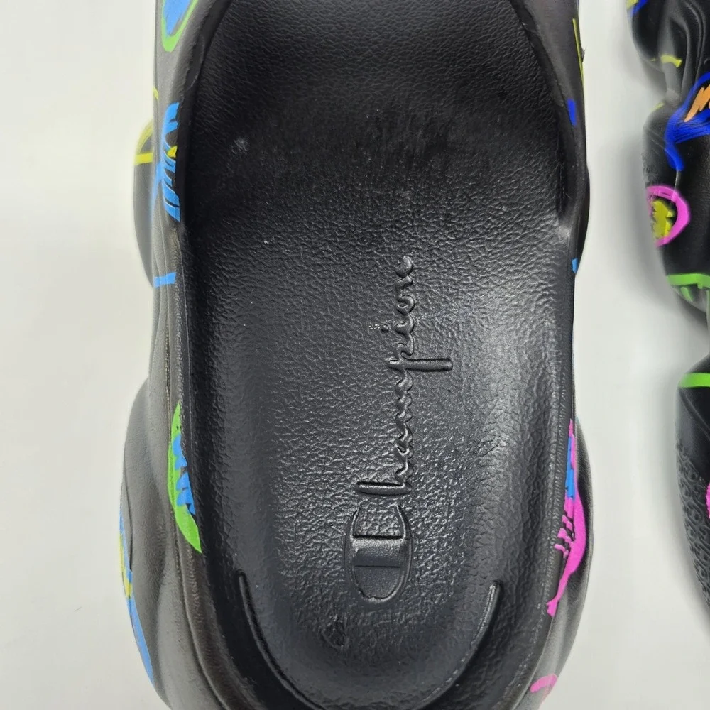 Champion Kids Hyper Slide Black Multicolor Scribble Logo Platform Sandals Size 5