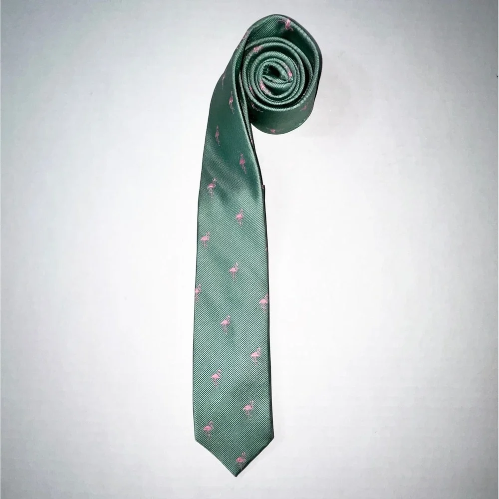 J.Crew Mens Silk Tie Green Pink Flamingo Animal Print Skinny Necktie Accessory