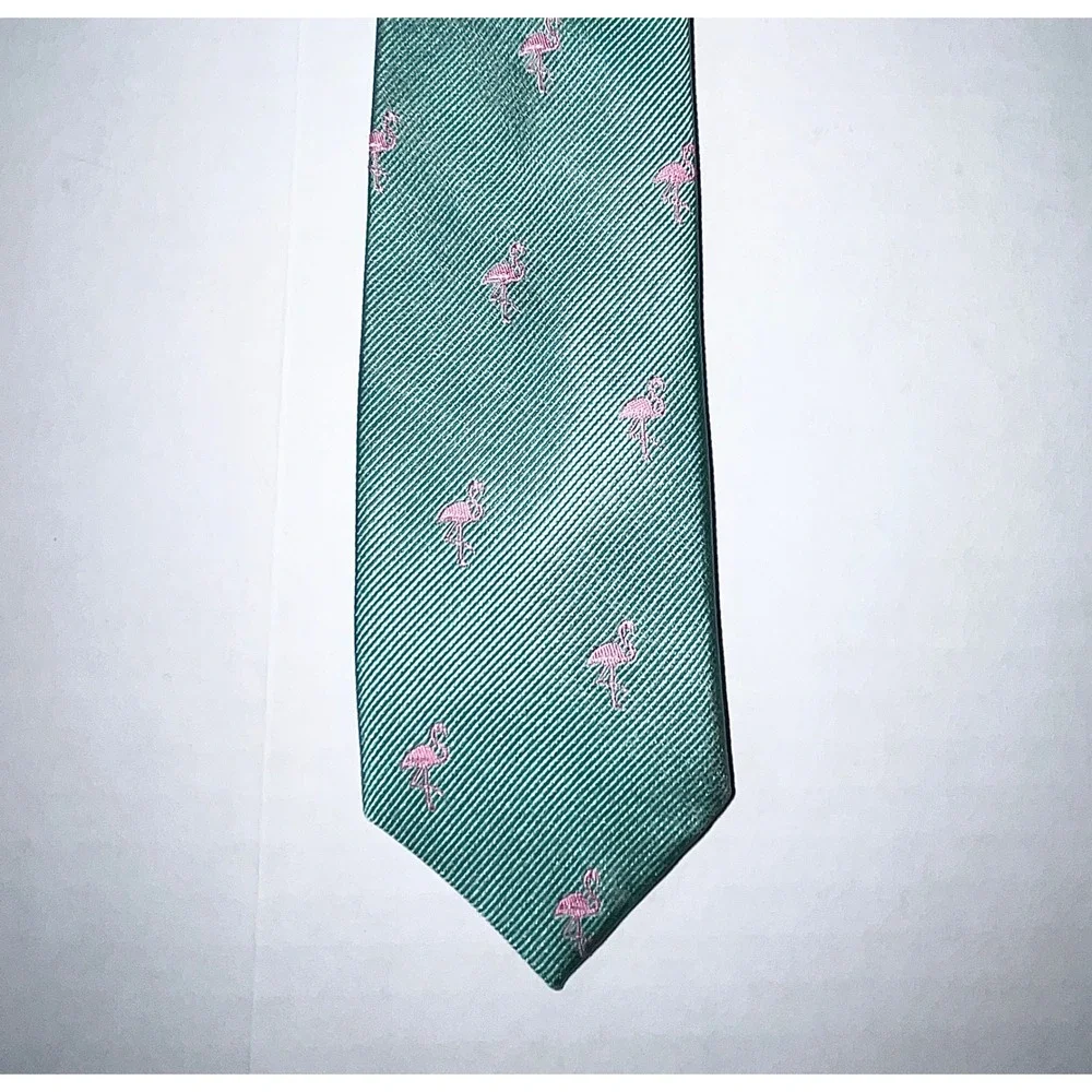 J.Crew Mens Silk Tie Green Pink Flamingo Animal Print Skinny Necktie Accessory