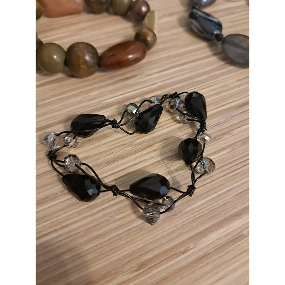 Lot of 3 Beaded Bracelets Black White Green Brown