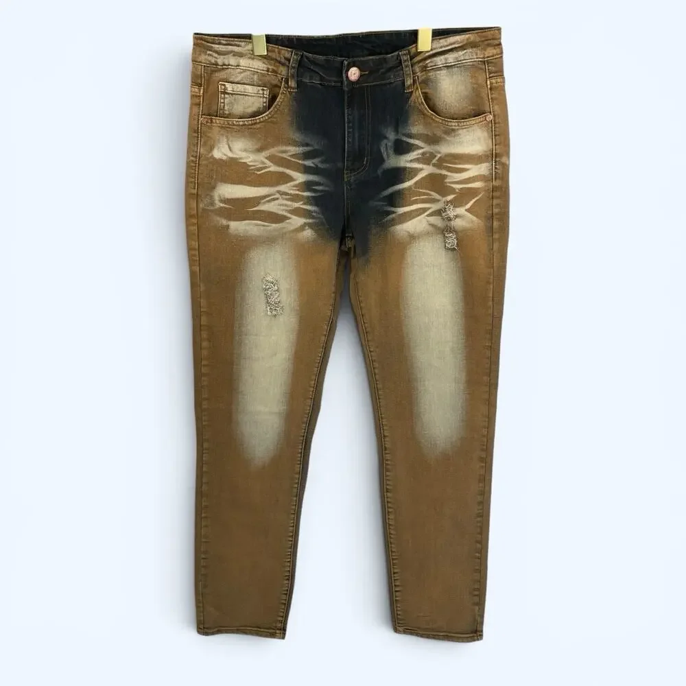 Junbaoss Men's Distressed Slim Fit Stretch Jeans Gold Black 34 (35x31.5) NWT