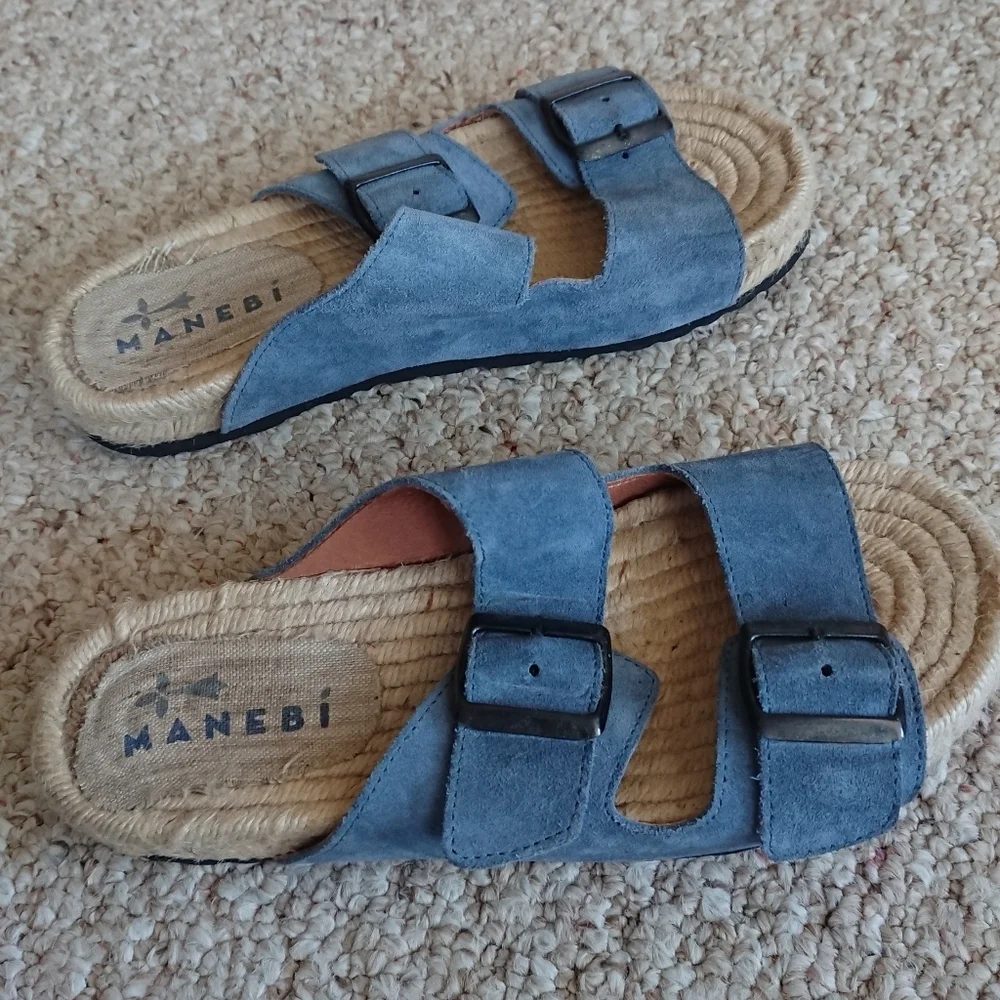 Manebi Nordic Espadrille blue suede Slides size 6.5