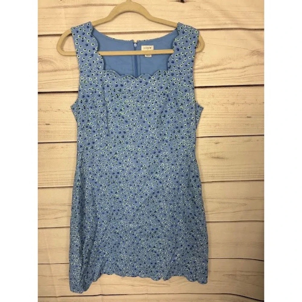 J.Crew Blue Floral Scalloped Shift Dress Sleeveless Daisy Print Size 12
