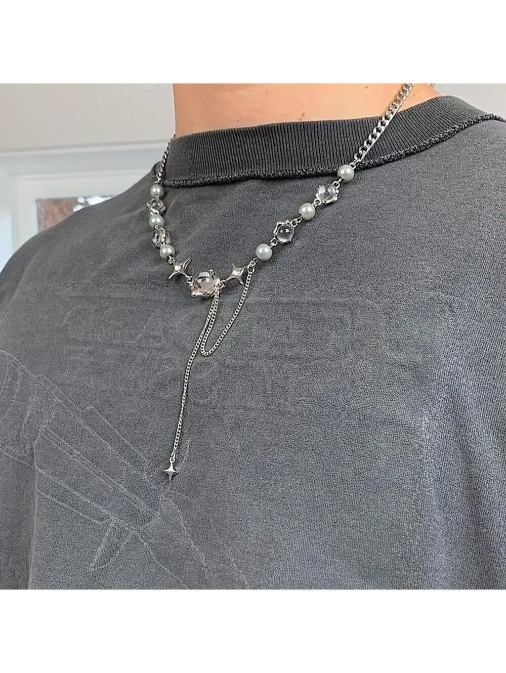 Cyber y2k grunge silver and beaded futuristic glass opal pendant necklace.