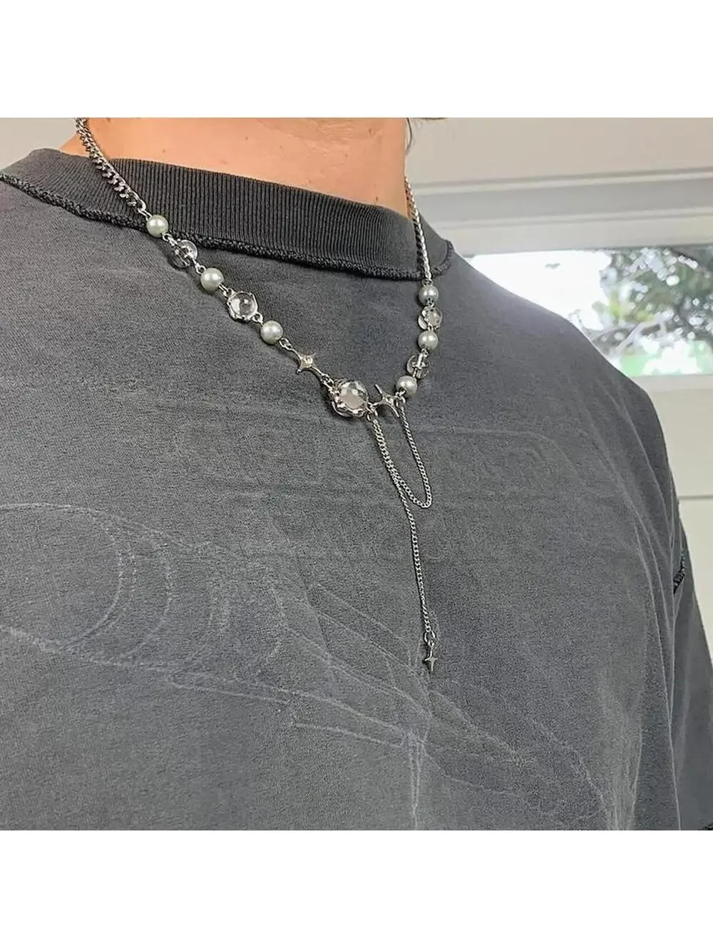 Cyber y2k grunge silver and beaded futuristic glass opal pendant necklace.