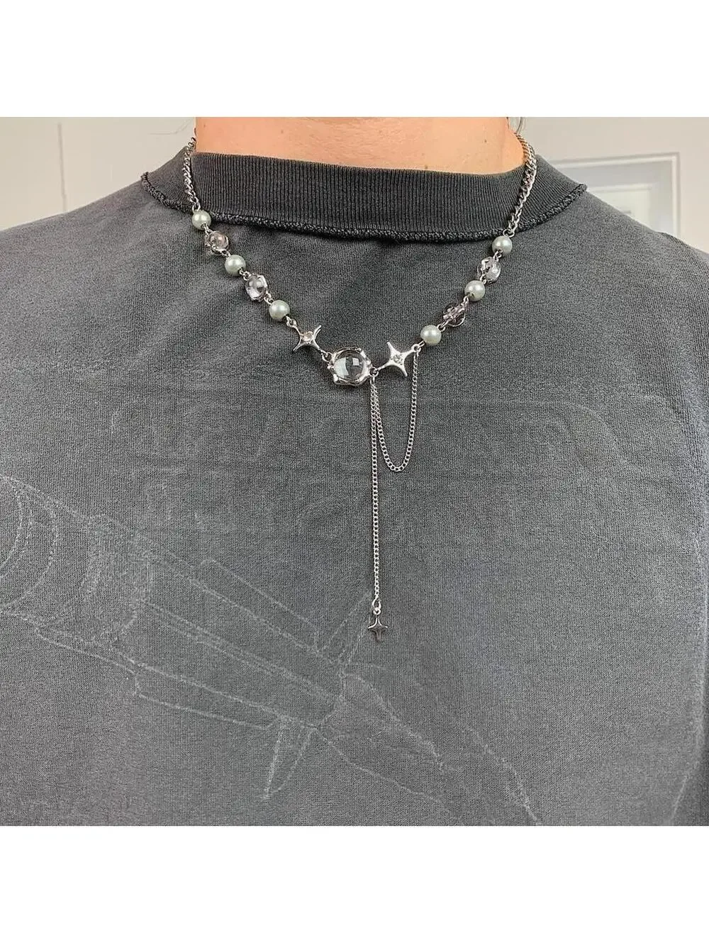 Cyber y2k grunge silver and beaded futuristic glass opal pendant necklace.