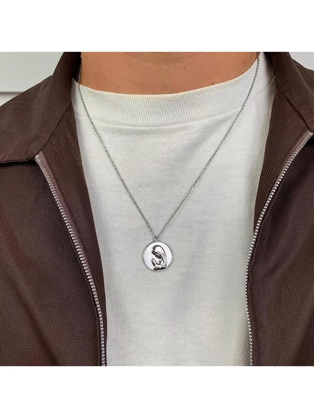 Vintage y2k style Saint Marry Circle pendant silver stainless steel necklace