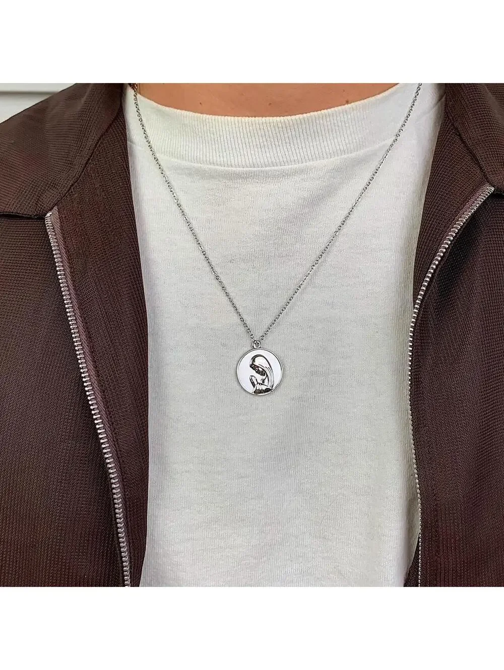 Vintage y2k style Saint Marry Circle pendant silver stainless steel necklace