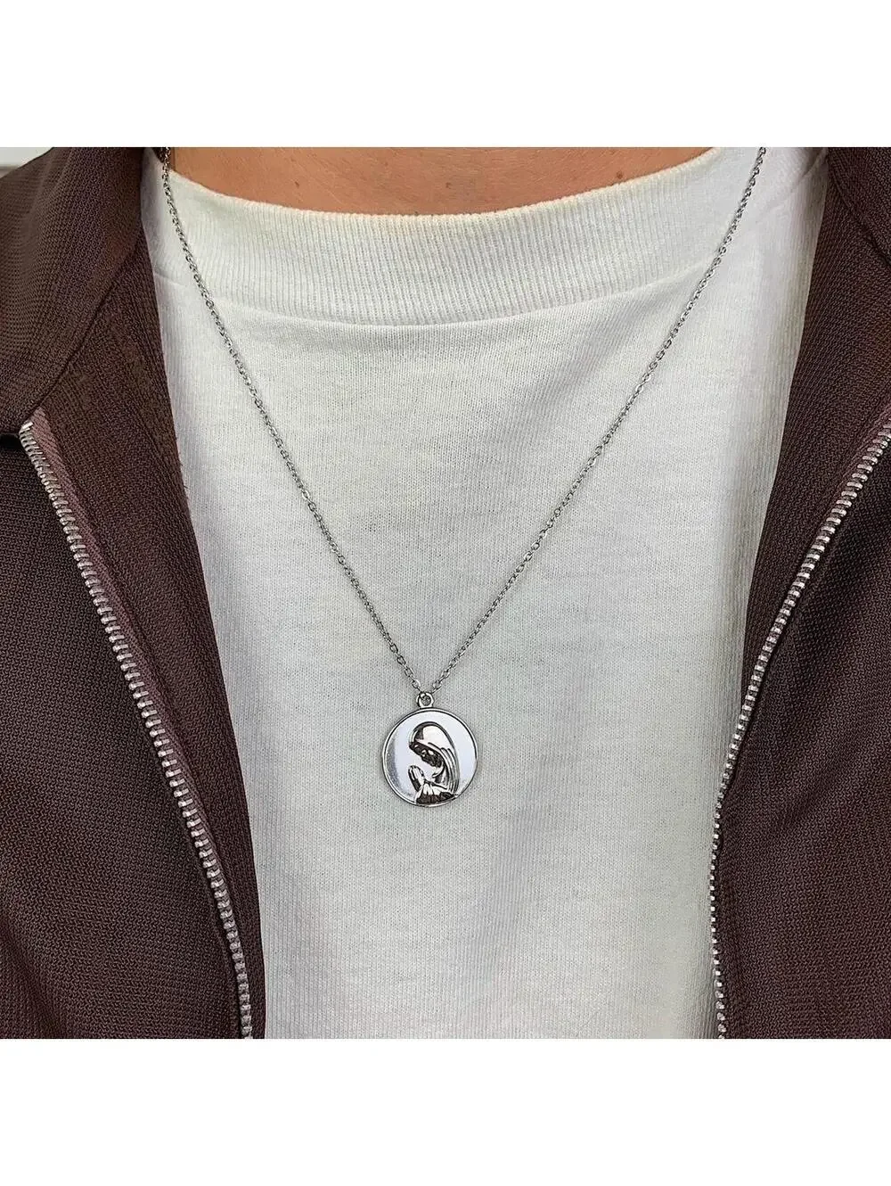 Vintage y2k style Saint Marry Circle pendant silver stainless steel necklace