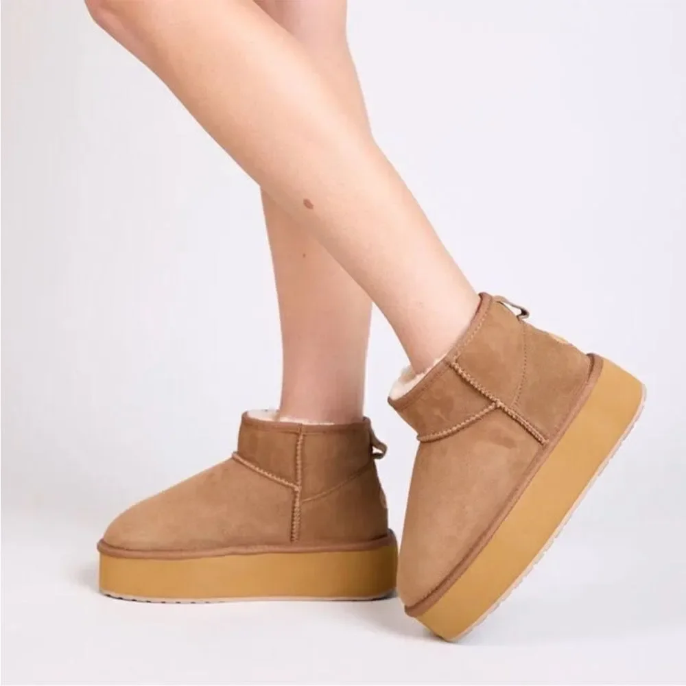 Emu Australia Stinger Micro Flatform Sheepskin Booties Slipper Boots Brown 9