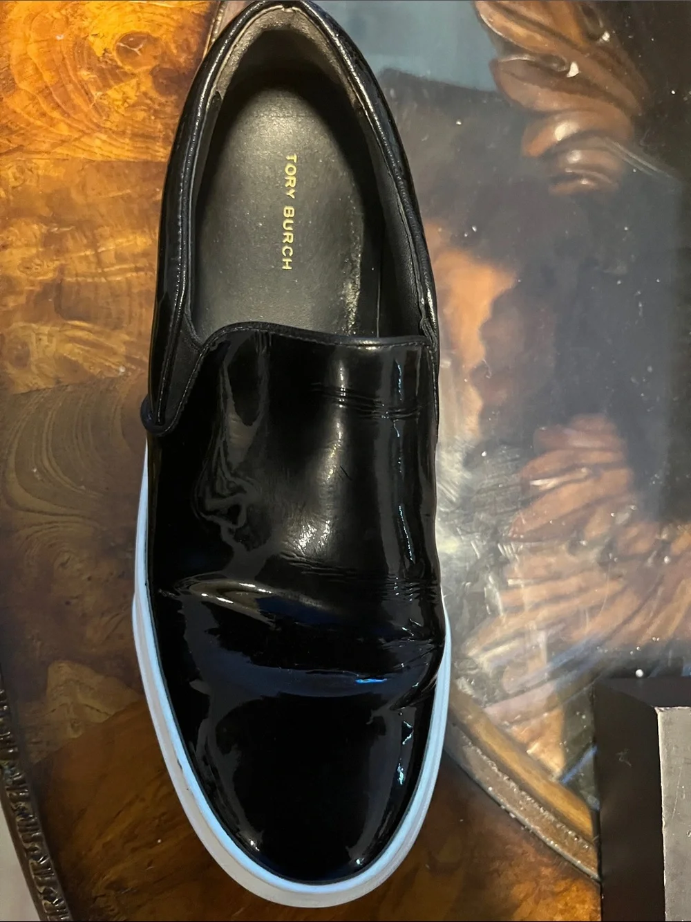 Tory Burch Black Patent Leather Slip-On Loafer with White Sole
