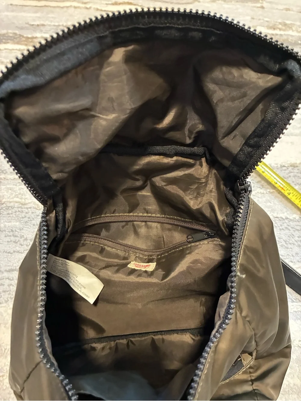 Mossimo Supply Co. nylon backpack olive green/brown. lightweight, leather straps