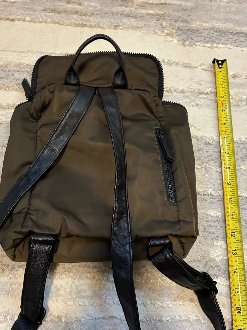 Mossimo Supply Co. nylon backpack olive green/brown. lightweight, leather straps