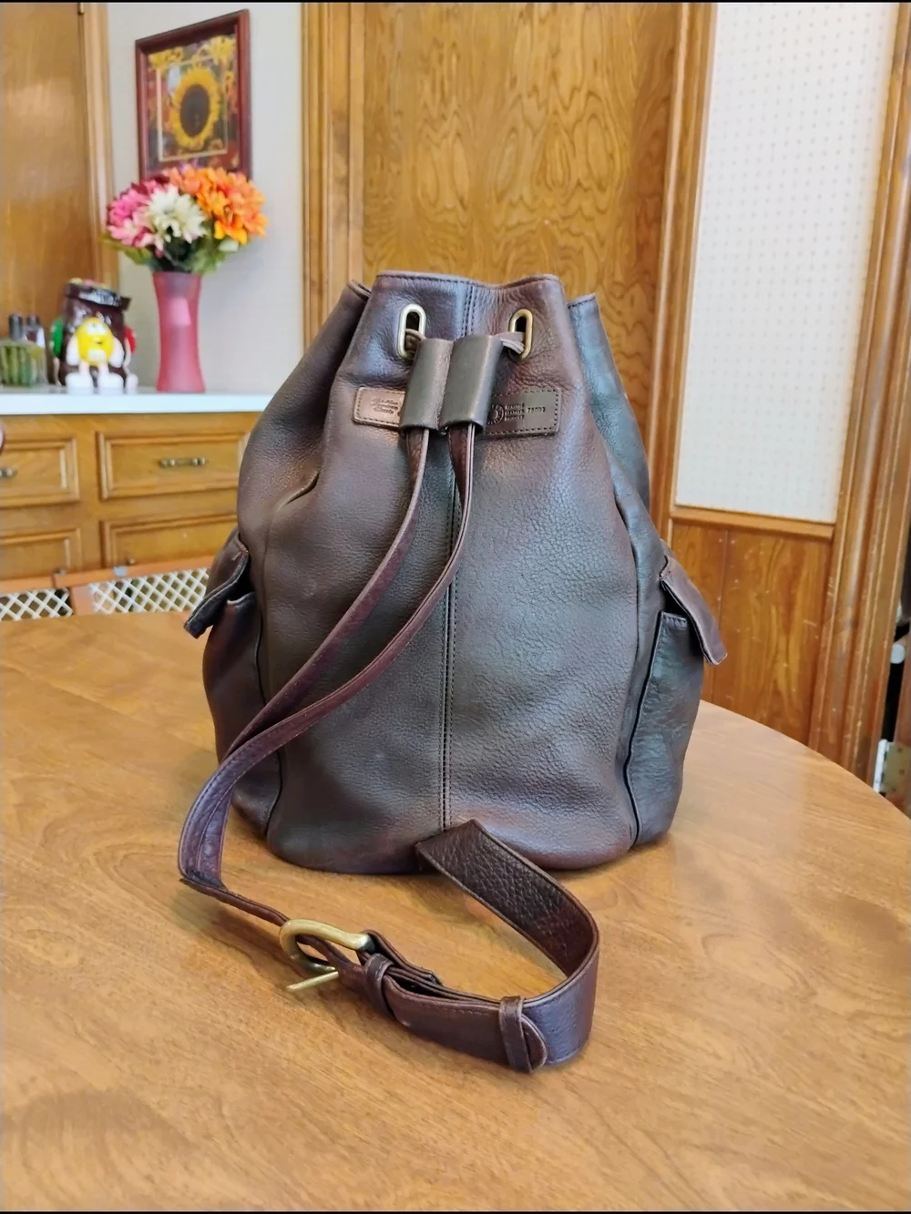 Fossil Dark Brown Pebble Grain Leather Drawstring Flap Bucket Backpack / Purse