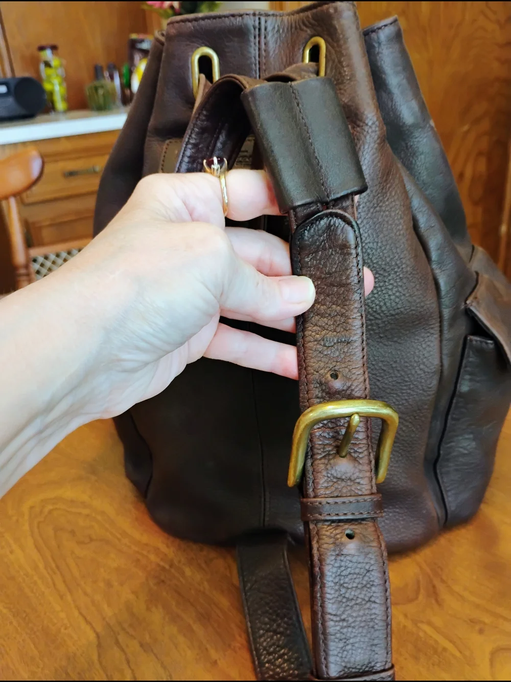 Fossil Dark Brown Pebble Grain Leather Drawstring Flap Bucket Backpack / Purse