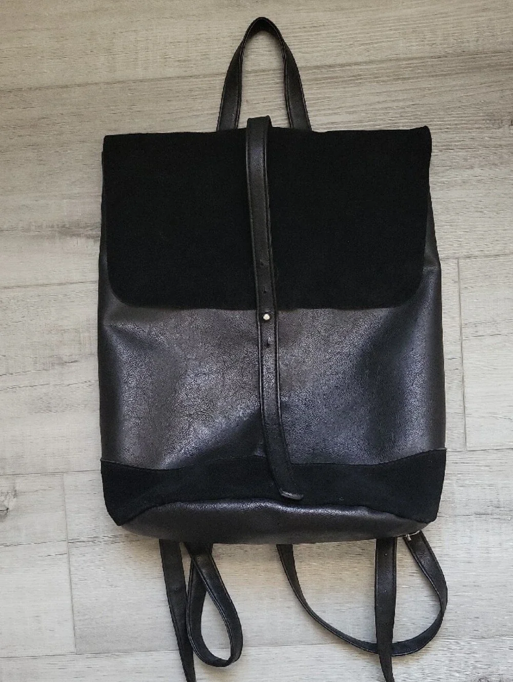 Black Faux Leather and Suede Fold-Over Backpack