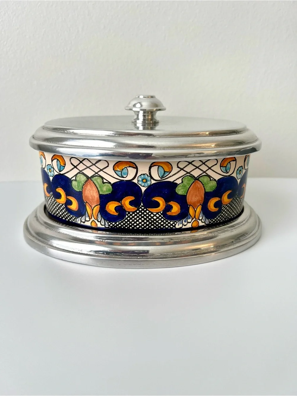 Talavera Pottery Oval Canister Signed Mexico Heavy Aluminum Lid & Base 7.5