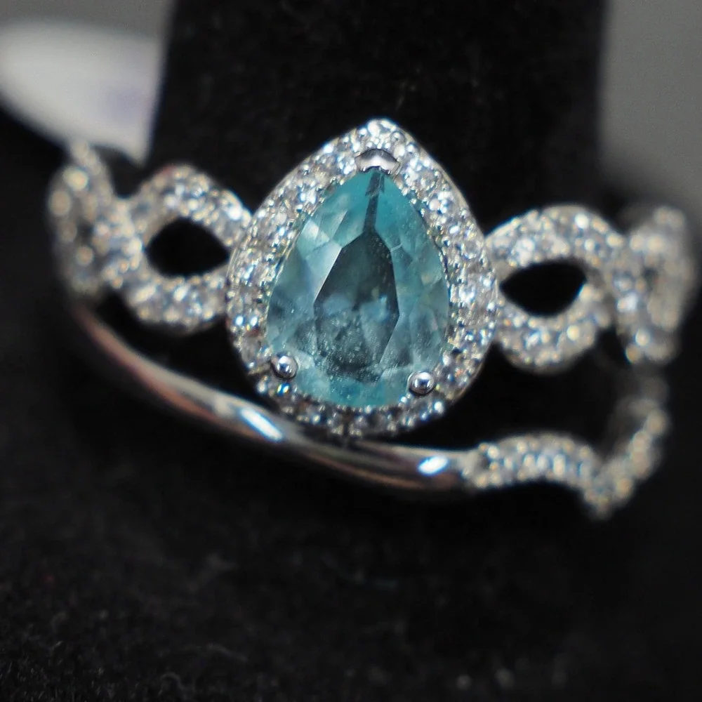 Ring Set 2pc Blue Pear Rhinestone March Birthstone Halo Infinity Silver Tone