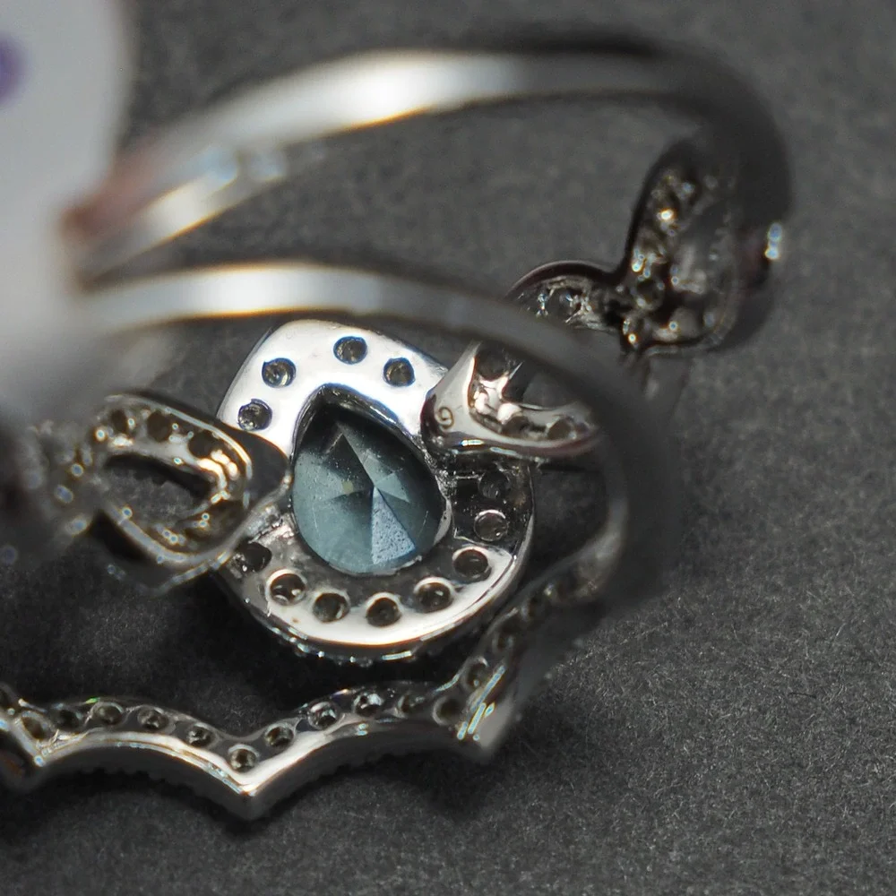 Ring Set 2pc Blue Pear Rhinestone March Birthstone Halo Infinity Silver Tone