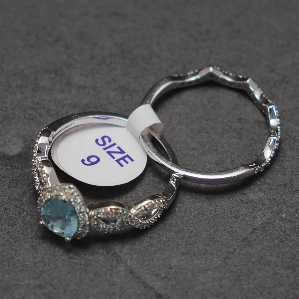 Ring Set 2pc Blue Pear Rhinestone March Birthstone Halo Infinity Silver Tone