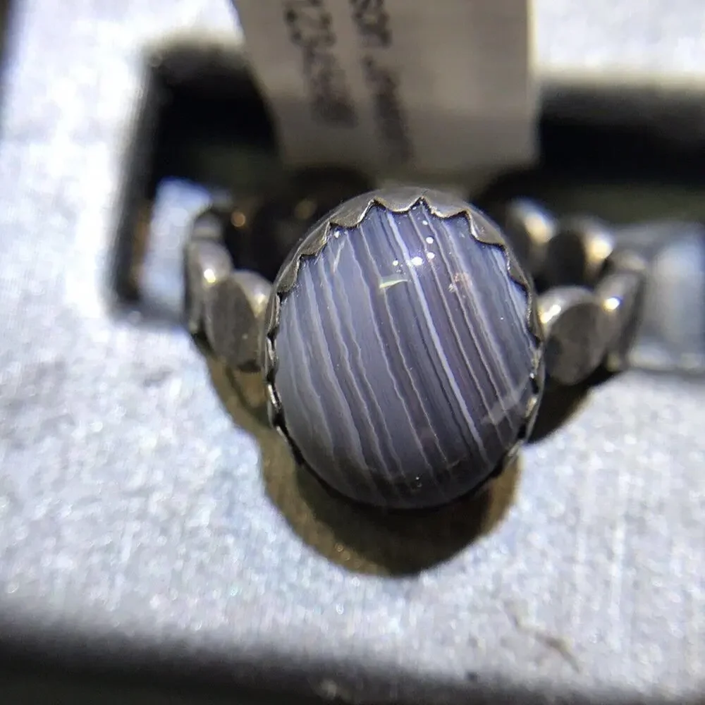 Blu/Wht Stripe Agate Ring Round Sz6 Bezel Set Silver 925 Design Band (Natural)