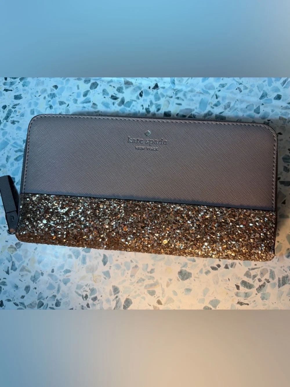 Kate Spade Glitter Zip Around Wallet Taupe Brown Leather Wristlet Clutch