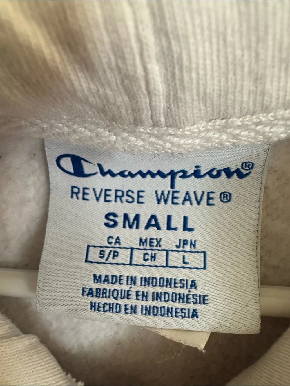Champion White Hoodie with Blue Script and Red-Blue Ribbing
