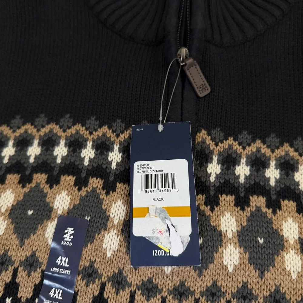 IZOD Fair Isle Quarter Zip Sweater Mens 4XB Big Black Cotton Blend Knit NWT