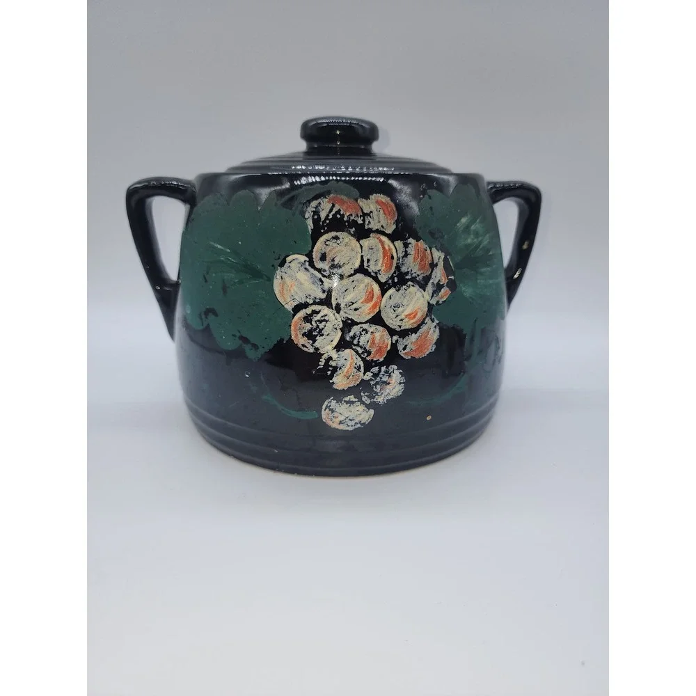 Vintage Hand Painted Ceramic Bean Pot Cookie Jar Black with Grapes and Lid