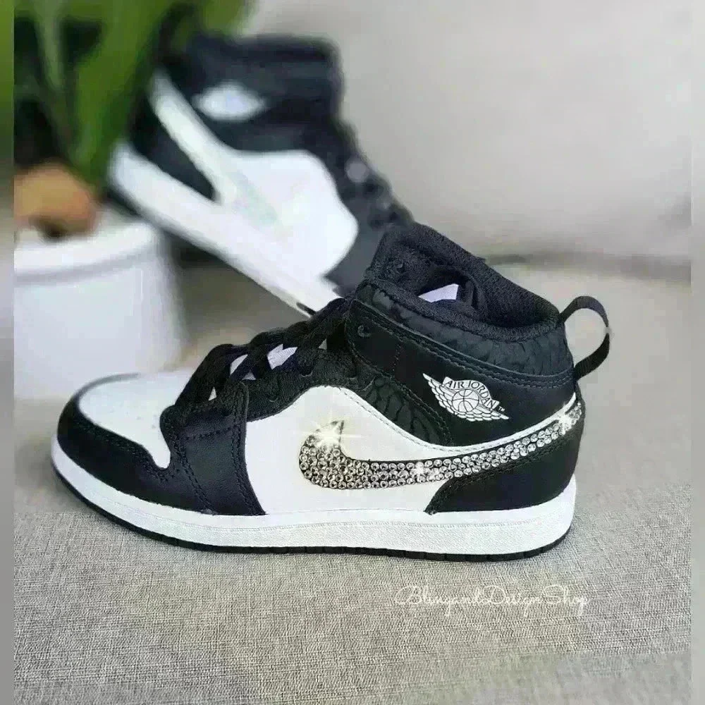 Bling Nike Jordan 1 Mid Little Kids Girls Shoes Sneakers Black with Crystals