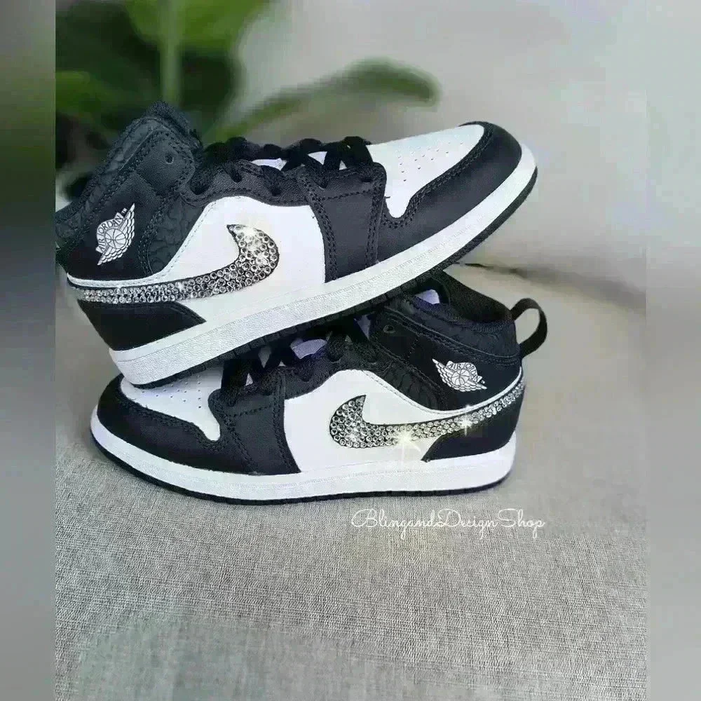 Bling Nike Jordan 1 Mid Little Kids Girls Shoes Sneakers Black with Crystals