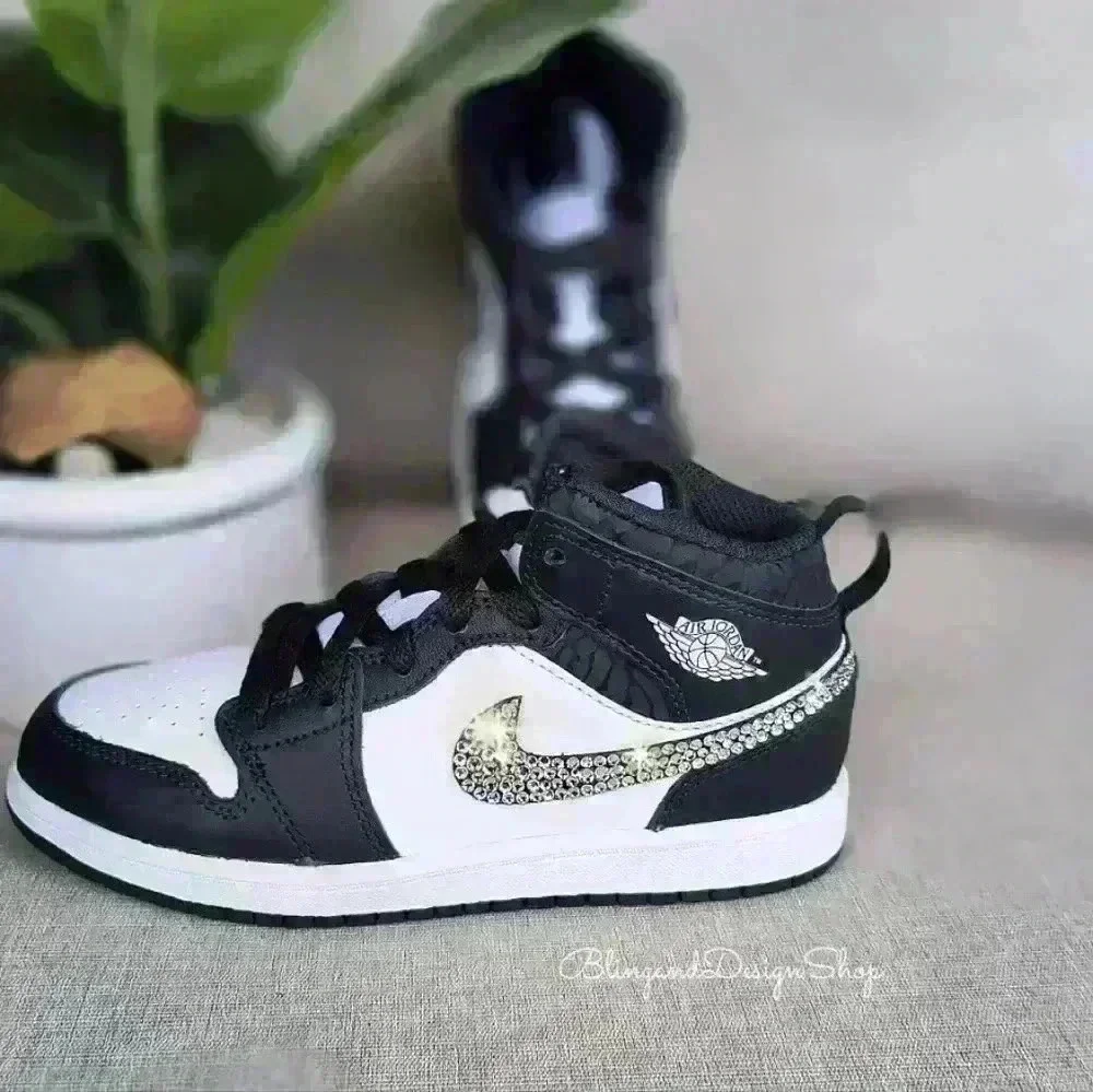 Bling Nike Jordan 1 Mid Little Kids Girls Shoes Sneakers Black with Crystals