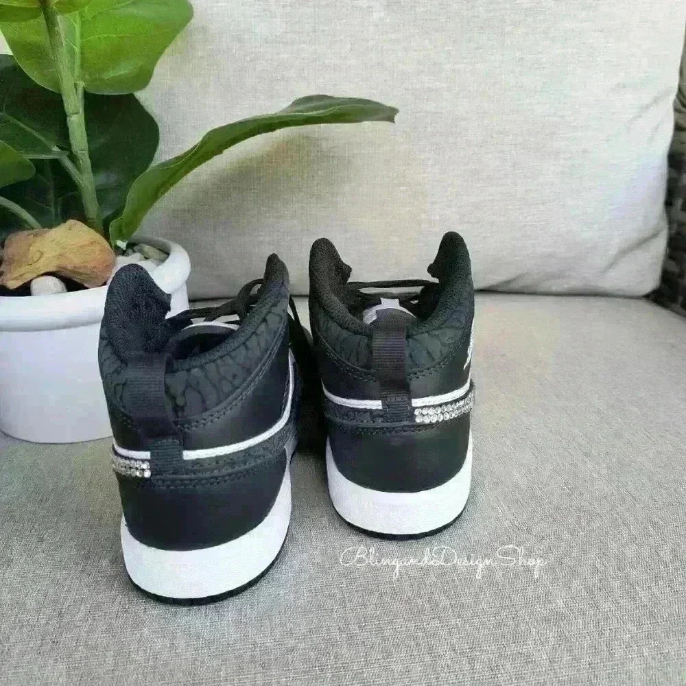 Bling Nike Jordan 1 Mid Little Kids Girls Shoes Sneakers Black with Crystals