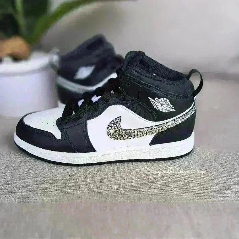 Bling Nike Jordan 1 Mid Little Kids Girls Shoes Sneakers Black with Crystals